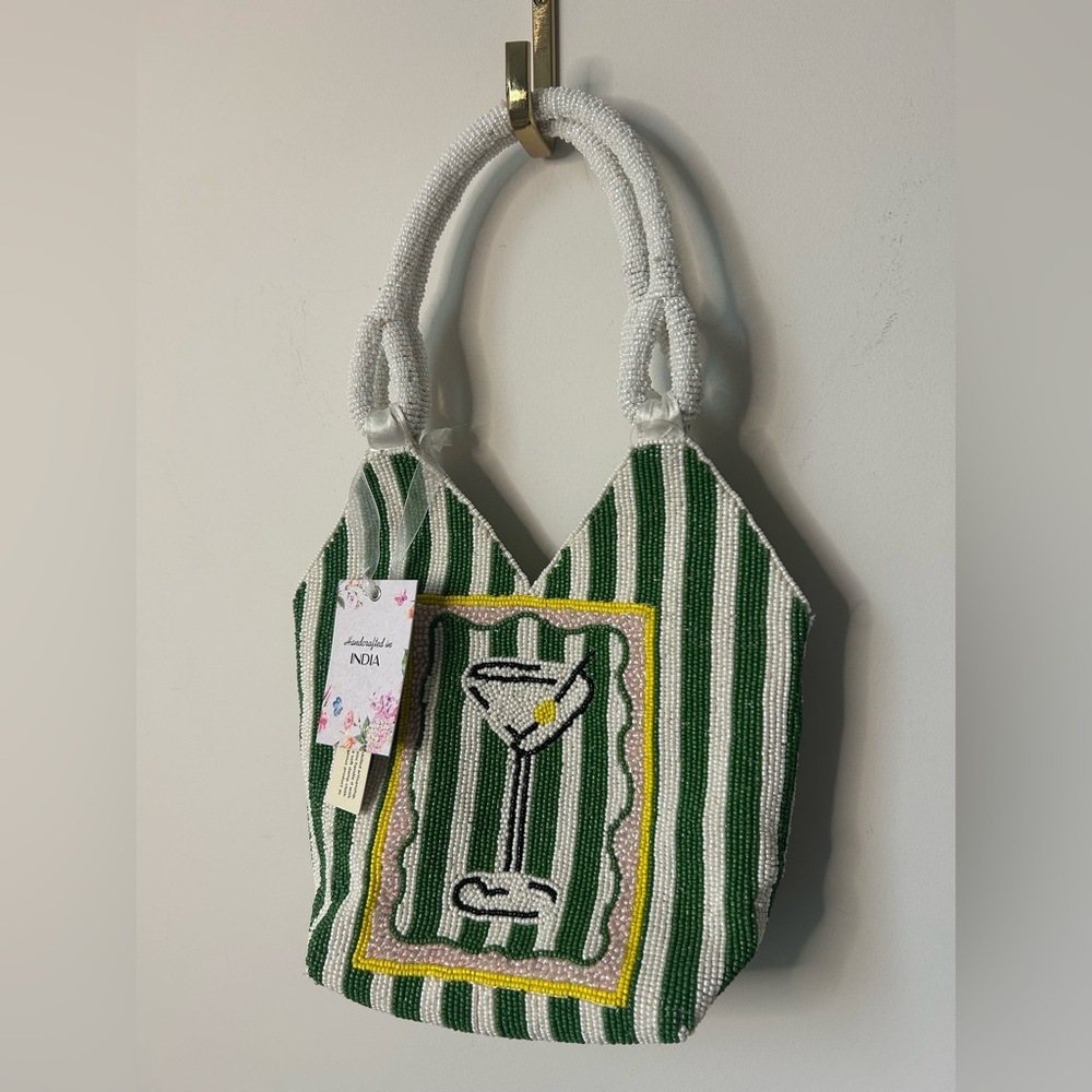 Viral Beaded Martini Drink Green Striped Beaded Handle Bag